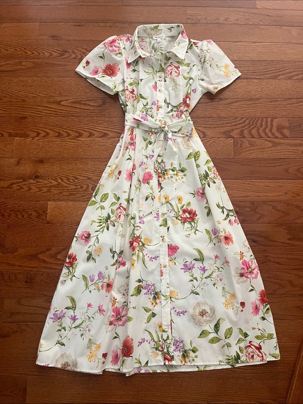 Blu Pepper Ivory Floral Belted Short Sleeve Midi Button Shirtdress, Women's 8 L